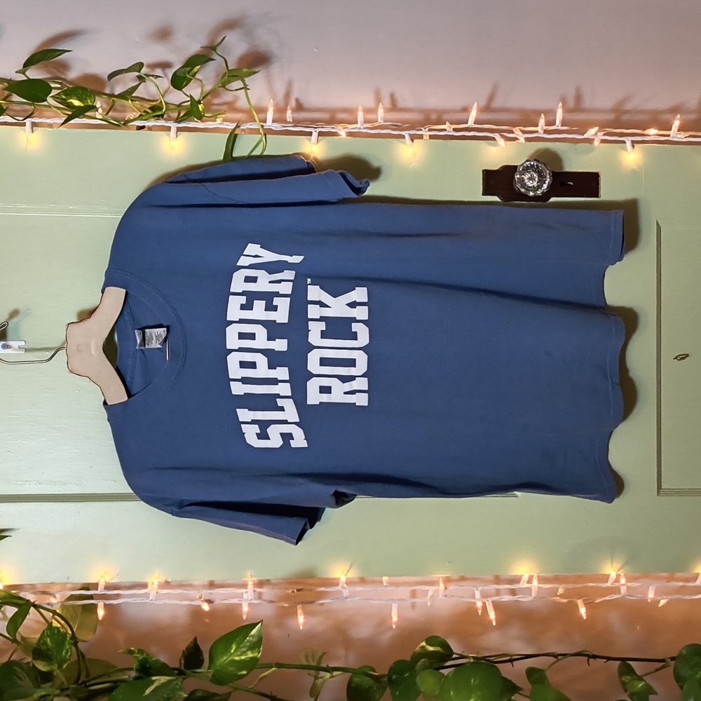 Men's Gildan Blue White Slippery Rock Heavy Cotton T-Shirt L